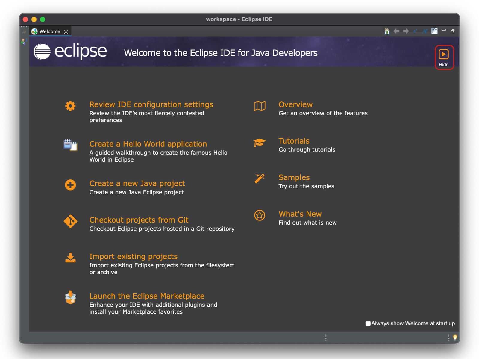 Default Eclipse Welcome Layout